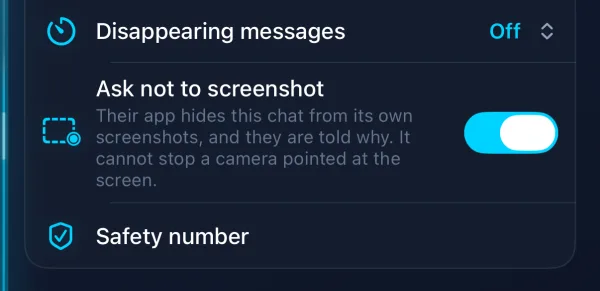 Chat-Einstellungen auf dem iPhone mit eingeschaltetem Schalter Ask not to screenshot