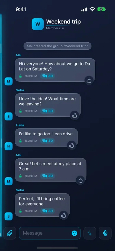 Group chat on iPhone: Mai writes in Vietnamese, Sofia in Spanish, Hana in Japanese — Anna reads every message in English, each with a green end-to-end encryption lock